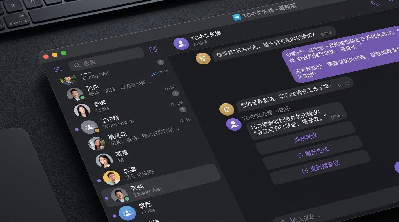 Telegram中文版深色模式聊天界面展示
